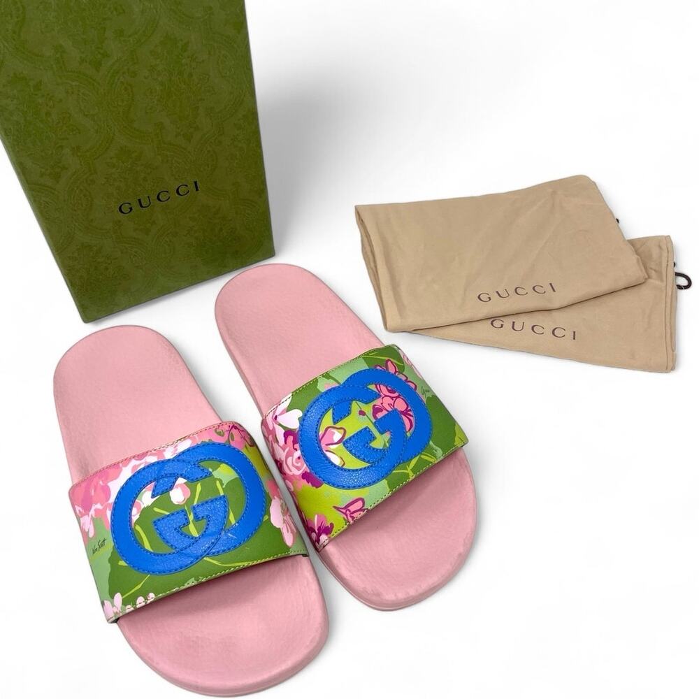Gucci x Ken Scott GG Pursuit Floral Print Slide Slip On Flat Sandals Pink EU 37